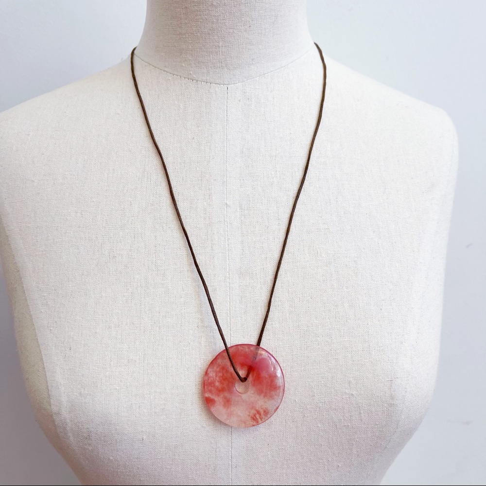 Pink Faux Jade Disc Pendant Necklace NEW